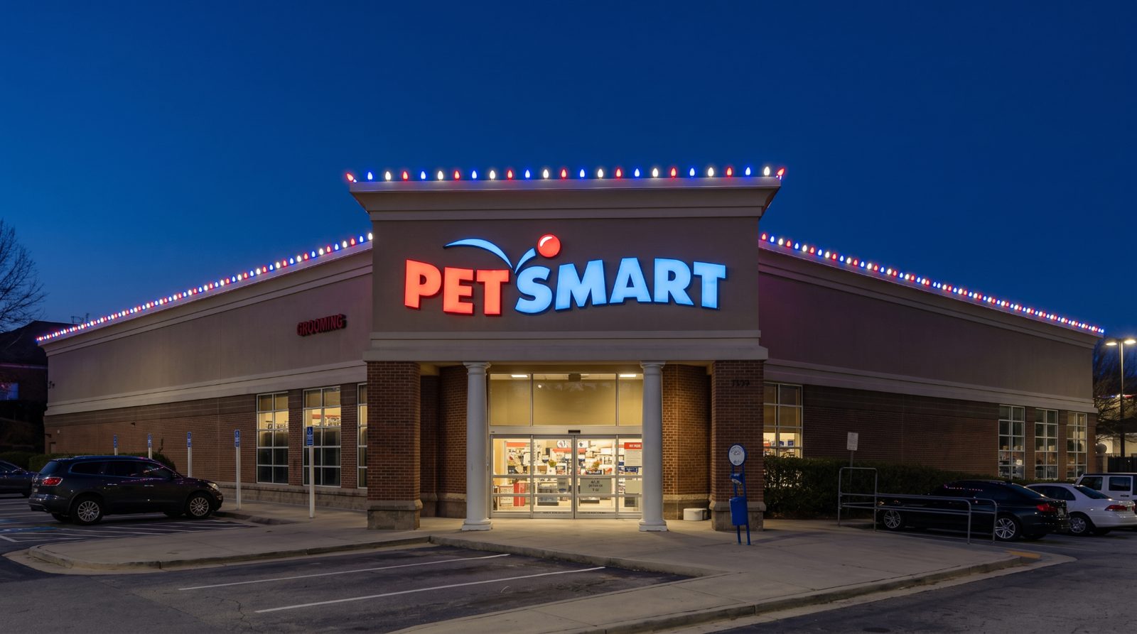 PetSmart storefront with red, white, and blue commercial Christmas lights in Atlanta